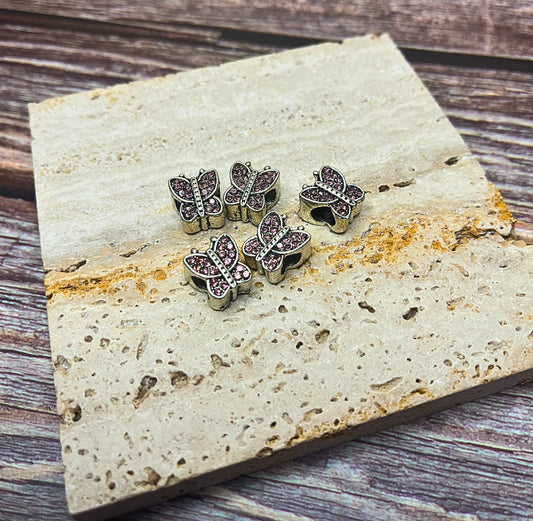 Antique Silver Plated Alloy European Beads, with Rhinestone, Large Hole Beads, Butterfly, Light Rose